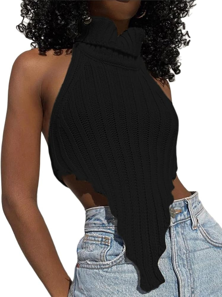 Halter Neck Crop Cami Top Knitted Printed Tank Tops Tee Y2k Sleeveless Strappy Summer Shirts Stre... | Amazon (US)