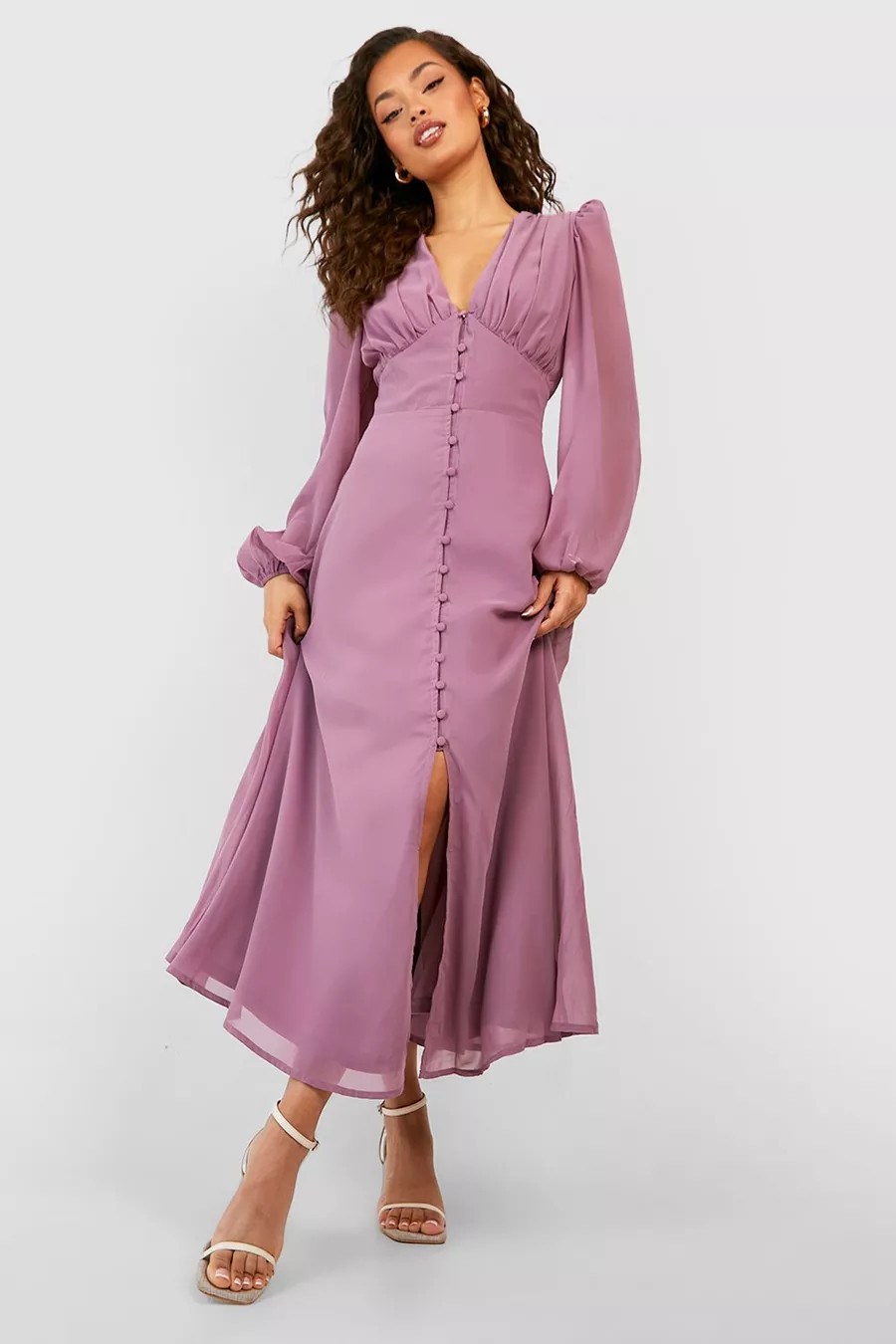 Puff Sleeve Button Through Midi Dress | Boohoo.com (UK & IE)