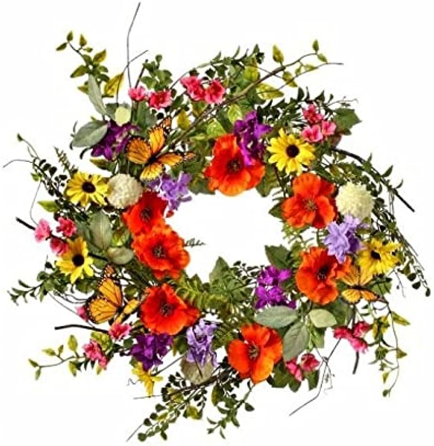22 Inch Monarch Butterfly Artificial Floral Wreath with Flower Blossoms in Pink, Orange, Yellow a... | Amazon (US)