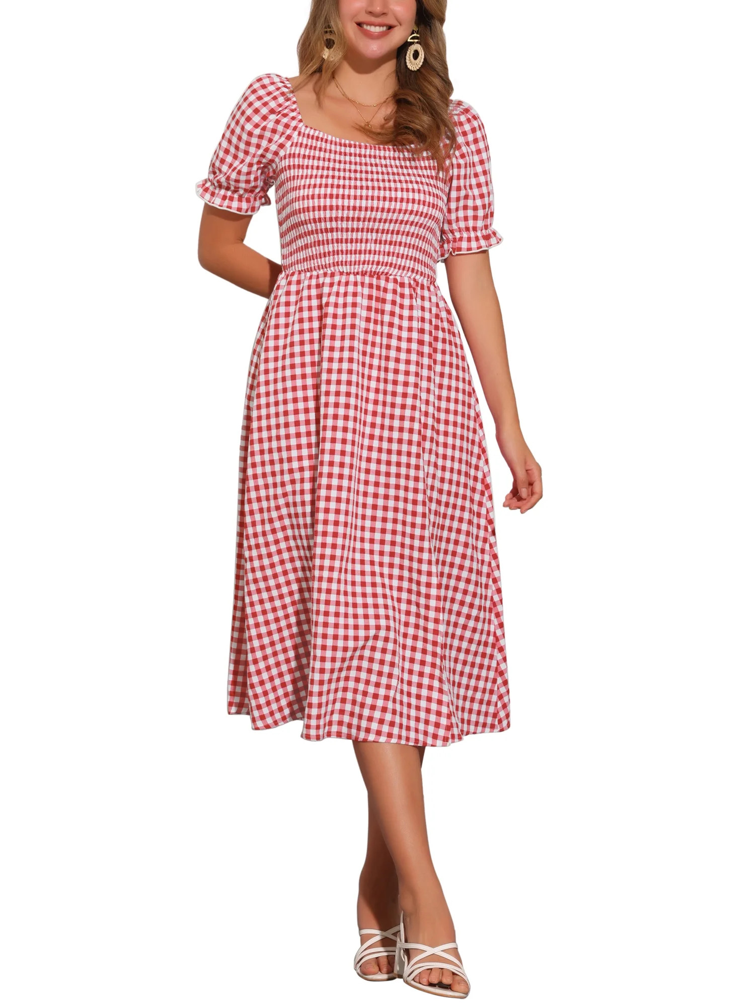 INSPIRE CHIC Women's Midi Dress Gingham Puff Short Sleeves Smocked Checks Gingham Dresses S Red | Walmart (US)