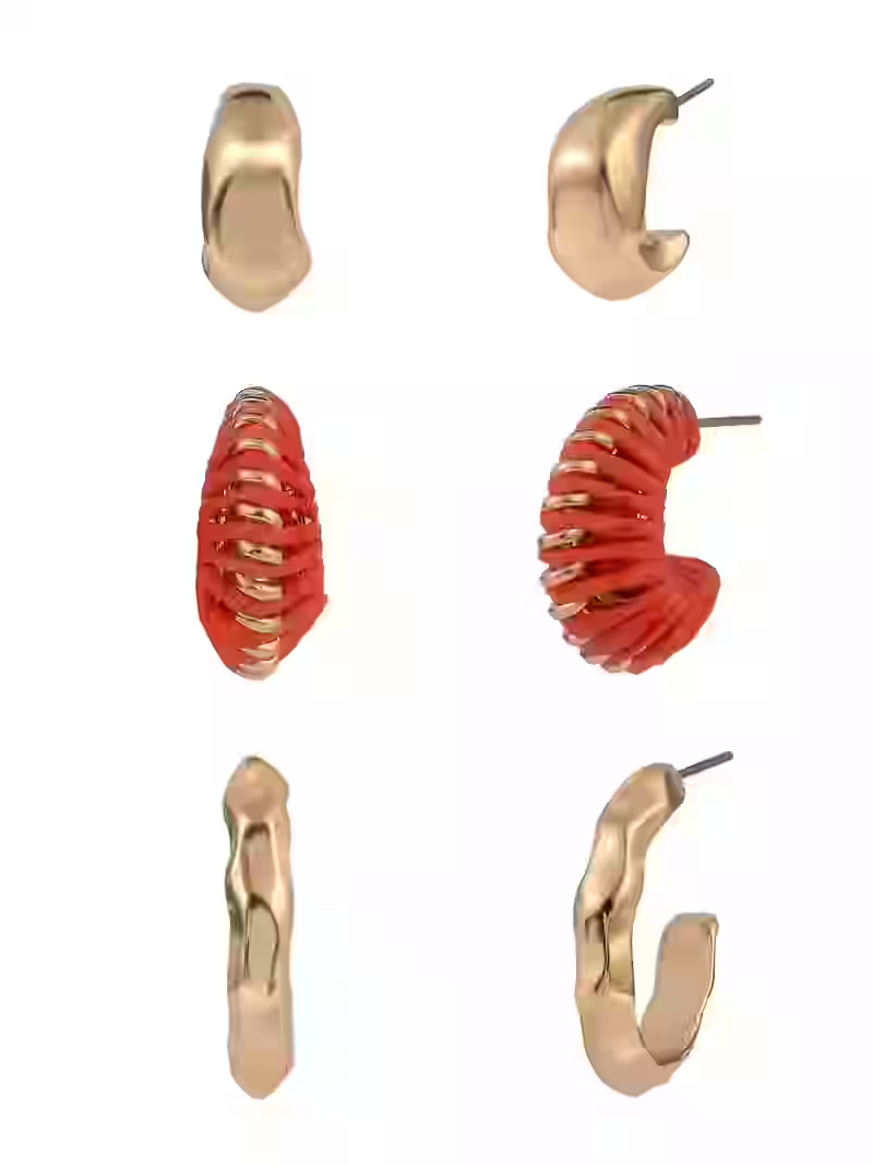 Time and Tru Women's Gold-Tone Hammered Metal and Wrapped Coral Raffia Multi Hoop Earring Set, 3-... | Walmart (US)