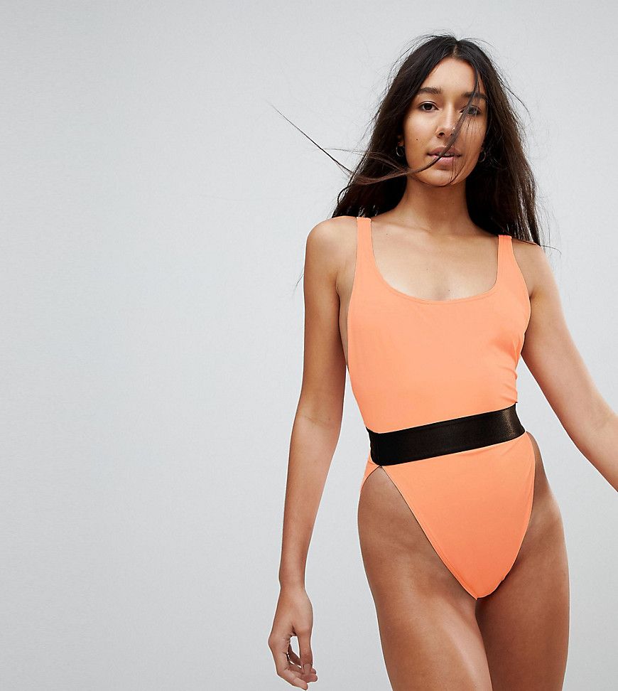 ASOS DESIGN Tall recycled High Leg Elastic Waist Swimsuit - Orange | ASOS US
