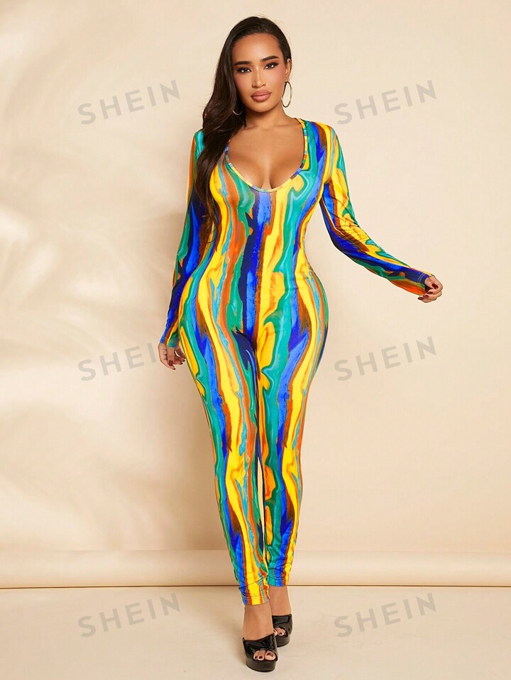 SHEIN SXY Brush Print Scoop Neck Unitard Jumpsuit | SHEIN