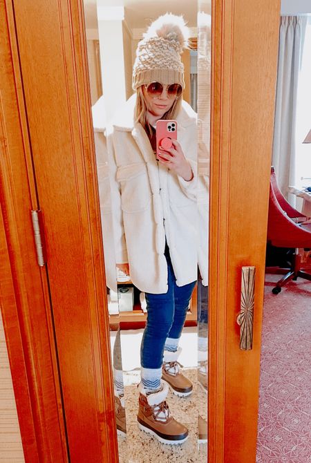 The winter outfit that keeps you warm and looks cute!
#sherpajacket #winterboots #snowoutfit 

#LTKtravel #LTKshoecrush #LTKSeasonal