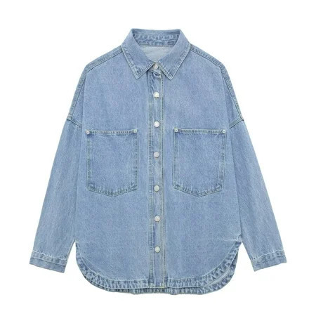 JGGSPWM Women's Oversized Denim Jacket Shacket, Long Sleeve Boyfriend Jean Shirt with Button Up Front and Collared Neck, Casual Trucker Style with Pockets Blue M | Walmart (US)