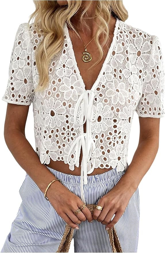 MakeMeChic Women's Boho Floral Lace V Neck Blouse Tie Front Short Sleeve Crop Tops       Send to ... | Amazon (US)