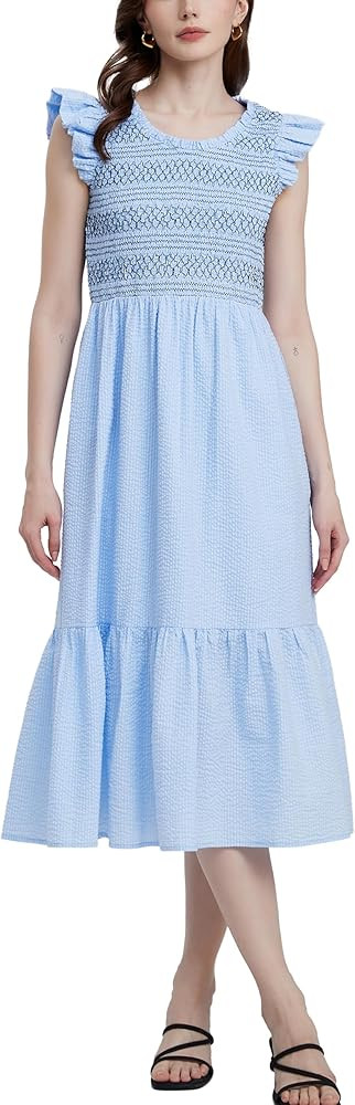 Women's Embroidered Smocked Midi Dress Casual Boho Ruffle Sleeve Crewneck Long Flowy Summer Dress | Amazon (US)