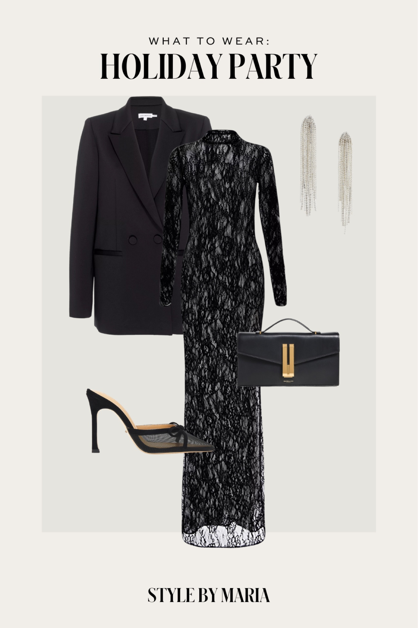 Holiday outfit ideas 
Good American blazer
Good American lace maxi dress
Tony bianco Mules
Demellier clutch

#LTKStyleTip #LTKHoliday #LTKSeasonal
