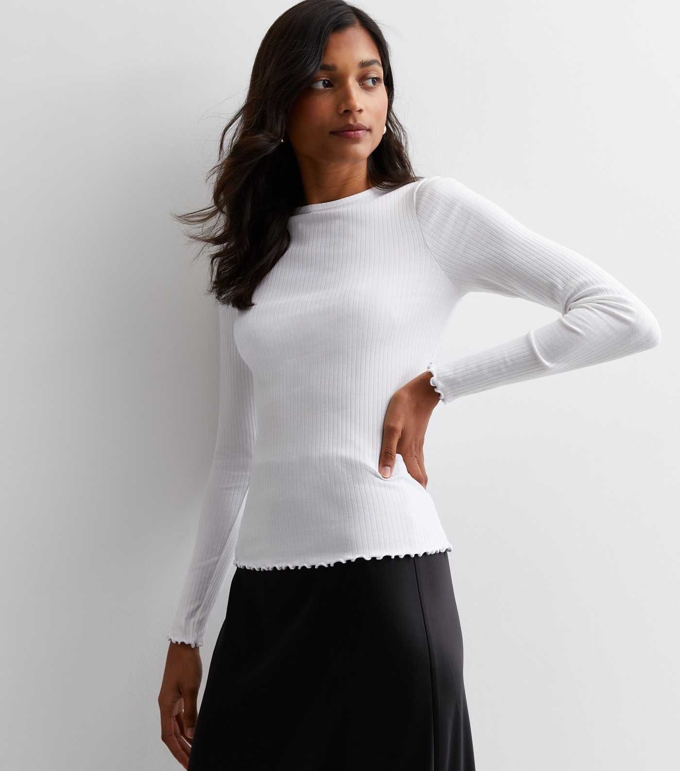 White Ribbed Frill Long Sleeve Top | New Look | New Look (UK)
