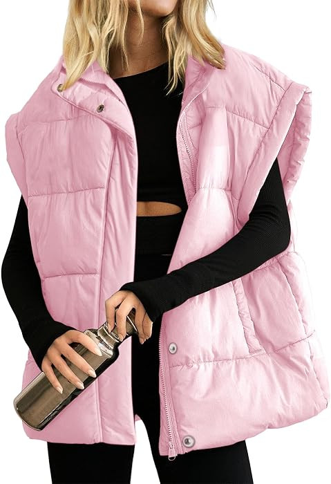 Womens Oversized Puffer Vest Stand Collar Full Zip Sleeveless Bubble Puffer Vest Quilted Padded Warm Coat Outwear | Amazon (US)