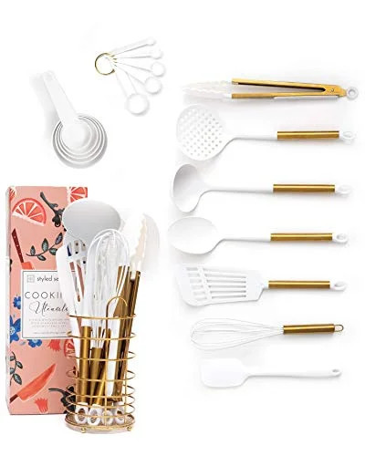 White and Gold Cooking Utensils with Holder - 18 PC Gold Kitchen Utensils Set Includes White Cook... | Walmart (US)