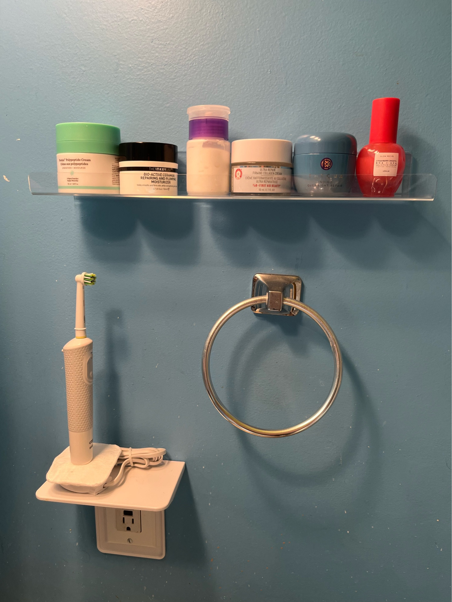 This outlet shelf and no drill acrylic shelves helped organize my bathroom sink area!

#LTKBeauty #LTKHome #LTKFindsUnder50