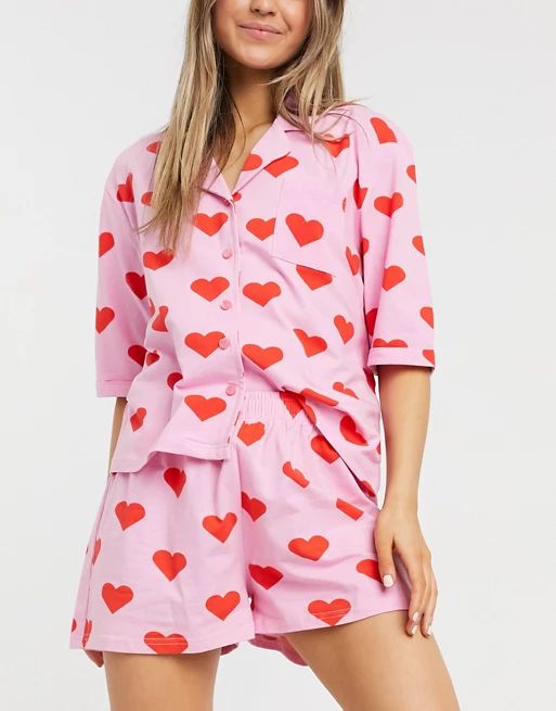 Skinnydip pyjama shirt and shorts set in heart print | ASOS (Global)