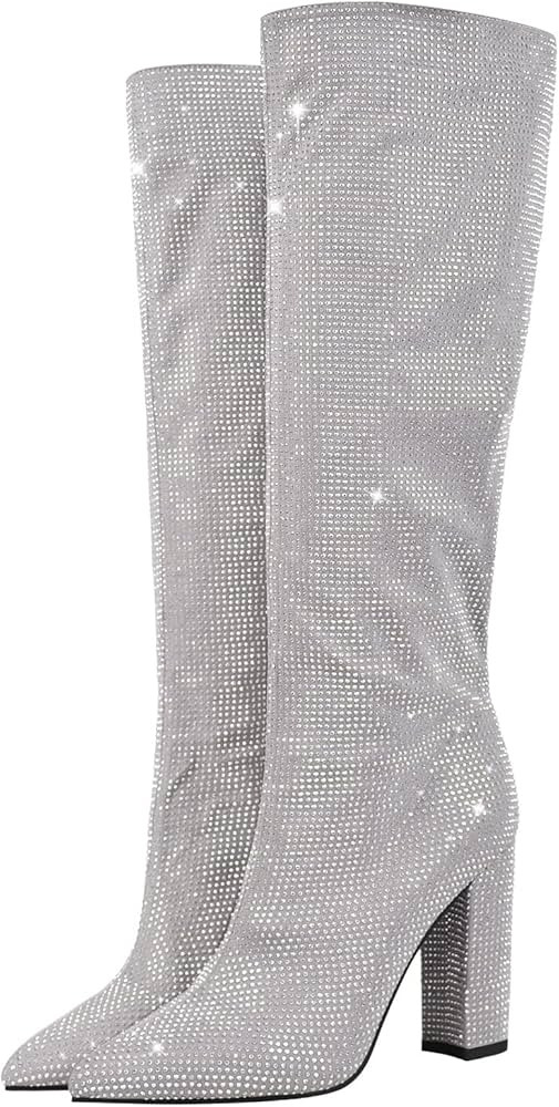 onlymaker Women's Knee High Boots Chunky Heel Pointed Toe Mid Calf Pull on Shiny Rhinestone Party... | Amazon (US)