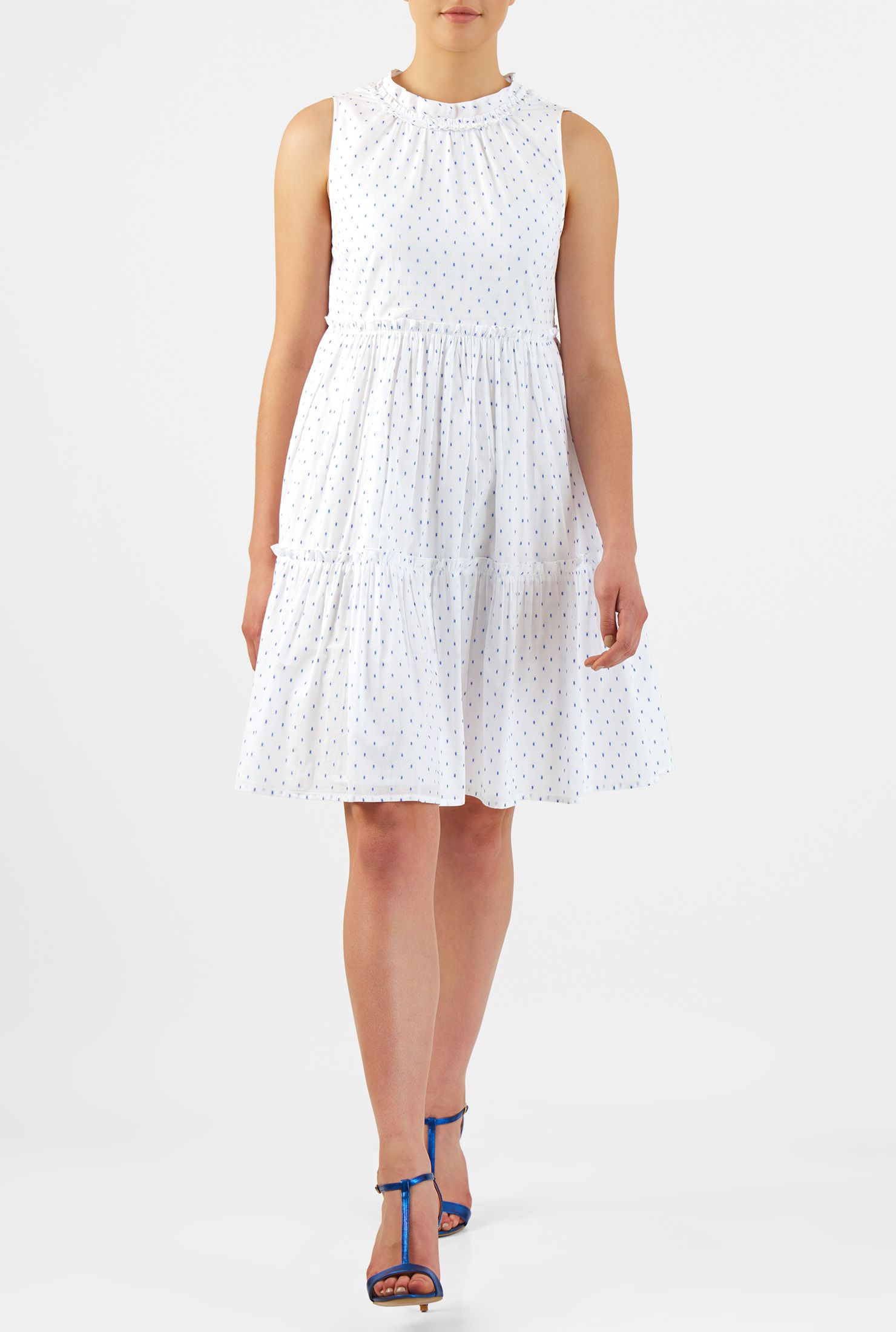 eShakti Women's Swiss dot cotton ruffle tiers shift dress | eShakti