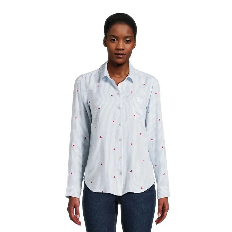 Time and Tru Women's Button Front Soft Shirt with Long Sleeves, Sizes XS-XXXL | Walmart (US)
