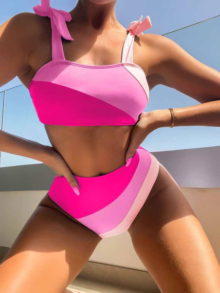 Colorblock Bikini Set Tie Shoulder Tank Top & High Waisted Bottom 2 Piece Bathing Suit
       
  ... | SHEIN