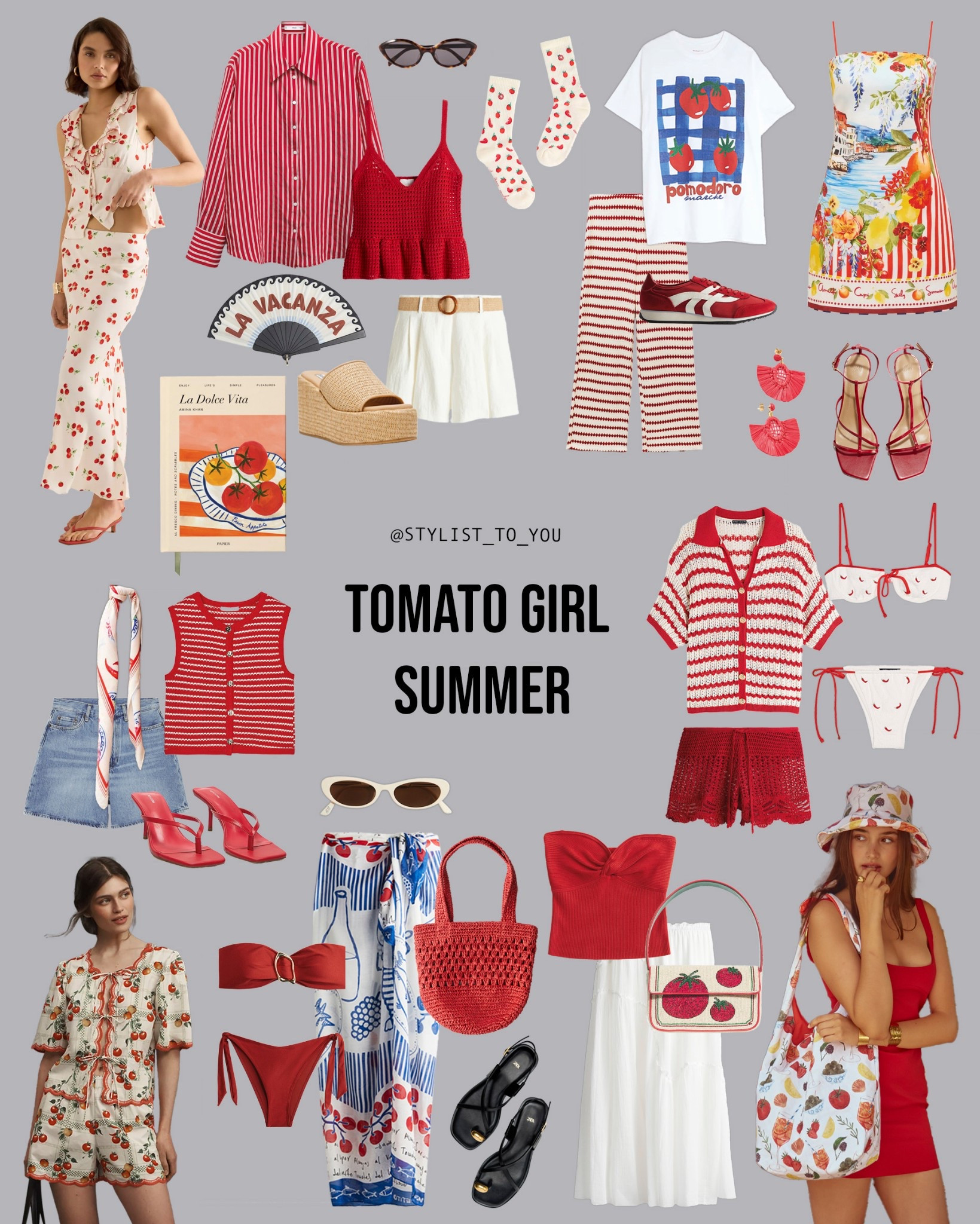 🍅✨ Tomato Girl Summer is served ☀️💋
Think coastal Mediterranean vibes, tomato red everything, crochet knits, raffia and fruity prints— this trend is ripe and ready to wear. 

A digital collage showcasing the “Tomato Girl Summer” fashion trend, featuring a variety of red, white, and tomato-themed outfits and accessories. The aesthetic is inspired by Mediterranean summers, with clothing items such as printed dresses, crochet tops, striped shirts, swimsuits, denim skirts, woven bags, espadrilles, and tomato-print accessories. The overall palette is red, white, cream, and touches of blue and yellow. The vibe is playful, romantic, and sun-drenched, with Italian coastal vacation elements throughout. Tomato Girl, Tomato Girl Summer, Summer fashion, Mediterranean style, Italian summer, Coastal chic, Tomato print, Red outfit, Summer aesthetic, La Dolce Vita, Crochet top, Striped shirt, Vintage vibes, Romantic fashion, Cottagecore, Red accessories, Summer dress, Vacation style, Amalfi Coast look, Fruit print fashion, Retro summer, Cute summer outfits, Flowy skirt, Red sandals, Woven bag, Feminine style, Warm weather fashion, Espadrilles, Summer knits, Trendy summer look, Resort wear, Lightweight fabric, Beachwear, Seaside fashion, Italian inspired, Vintage Mediterranean, Travel outfit, Summer trend 2025, European summer style, Fashion moodboard.

#LTKeurope #LTKuk #LTKsummer