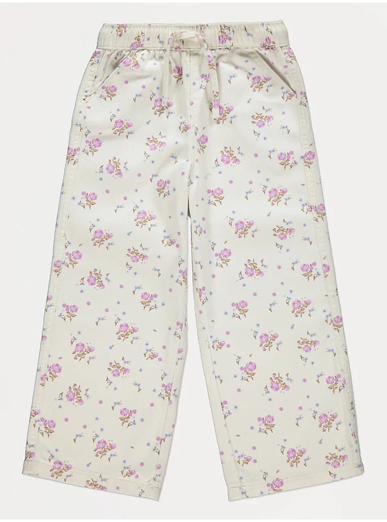 Ecru Floral Elasticated Wide Leg Jeans | George