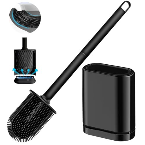 Silicone Toilet Brush and Holder Set, Toilet Brushes with Ventilated Holder, Wall Mounted Toilet Bowl Brush with Long Handle Bendable Brush Head, Black Toilet Brush Cleaner for Bathroom RV | Amazon (US)