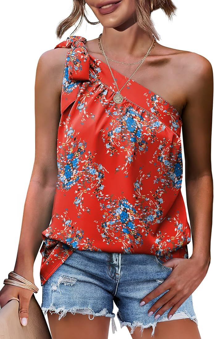 XIEERDUO One Shoulder Tops for Women Summer Chiffon Shirts Tie Bow Knot Sleeveless Tank Tops Loos... | Amazon (US)
