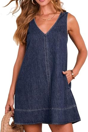 SUNNOW Women's Dark Blue V-Neck Denim Dress - Sleeveless A-Line Pullover Summer Mini Dress | Amazon (US)