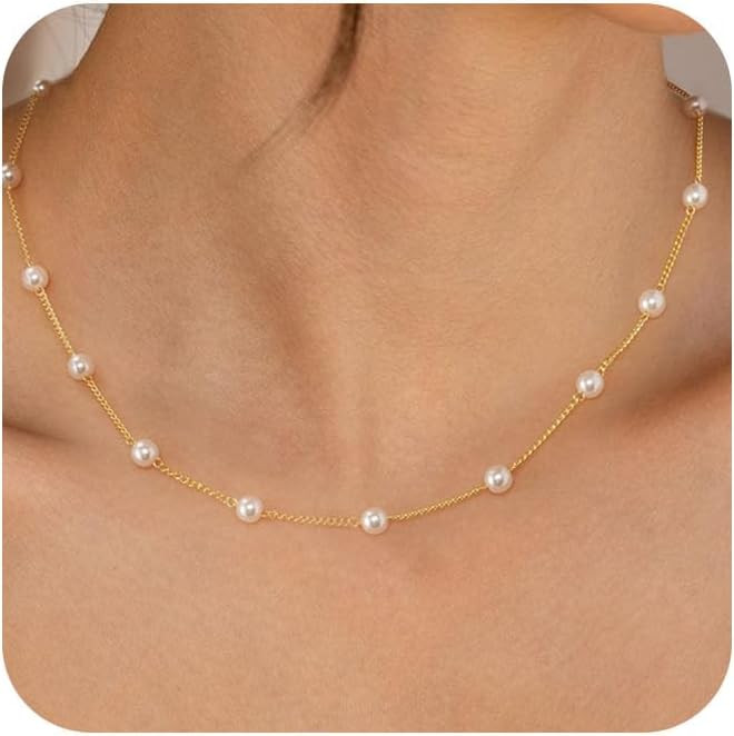 Dainty Pearl Pendant Necklaces for Women 14K Gold Plated Handmade Layered Pearl Chain Necklace De... | Amazon (US)