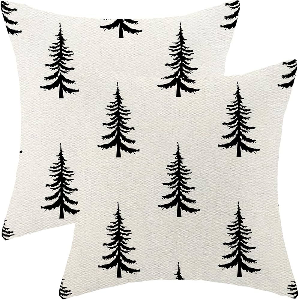 Christmas Pillow Covers 18x18 Set of 2, Christmas Tree White Throw Pillow Covers Linen Farmhouse ... | Amazon (US)