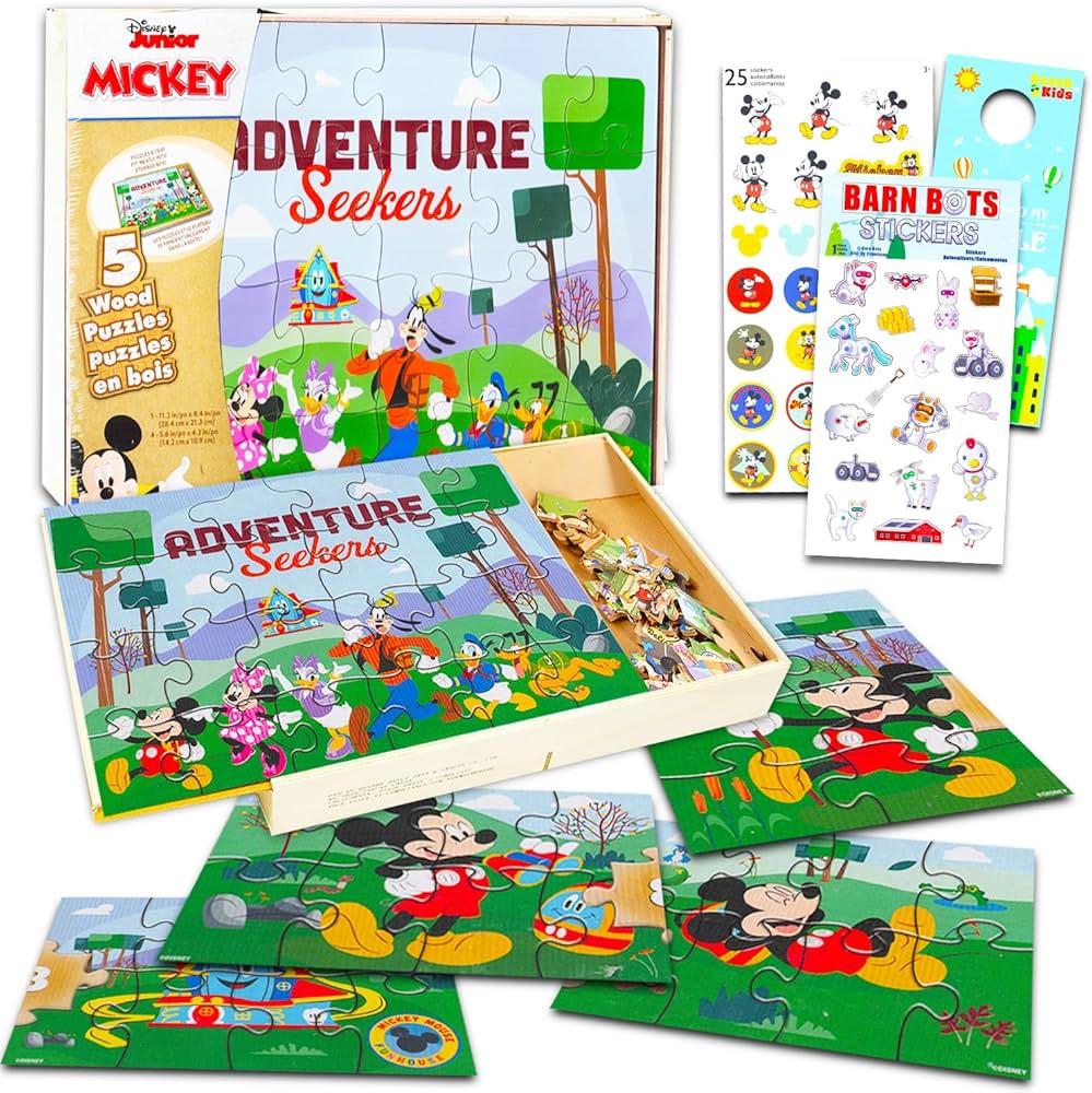 Mickey Mouse Wooden Puzzle 5 Pack - Mickey Mouse Wood Puzzles Bundle with Holding Tray with Micke... | Amazon (US)