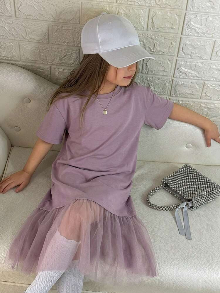 Tween Girls Round Neck Patchwork Net Yarn Short Sleeve Dress, Summer | SHEIN