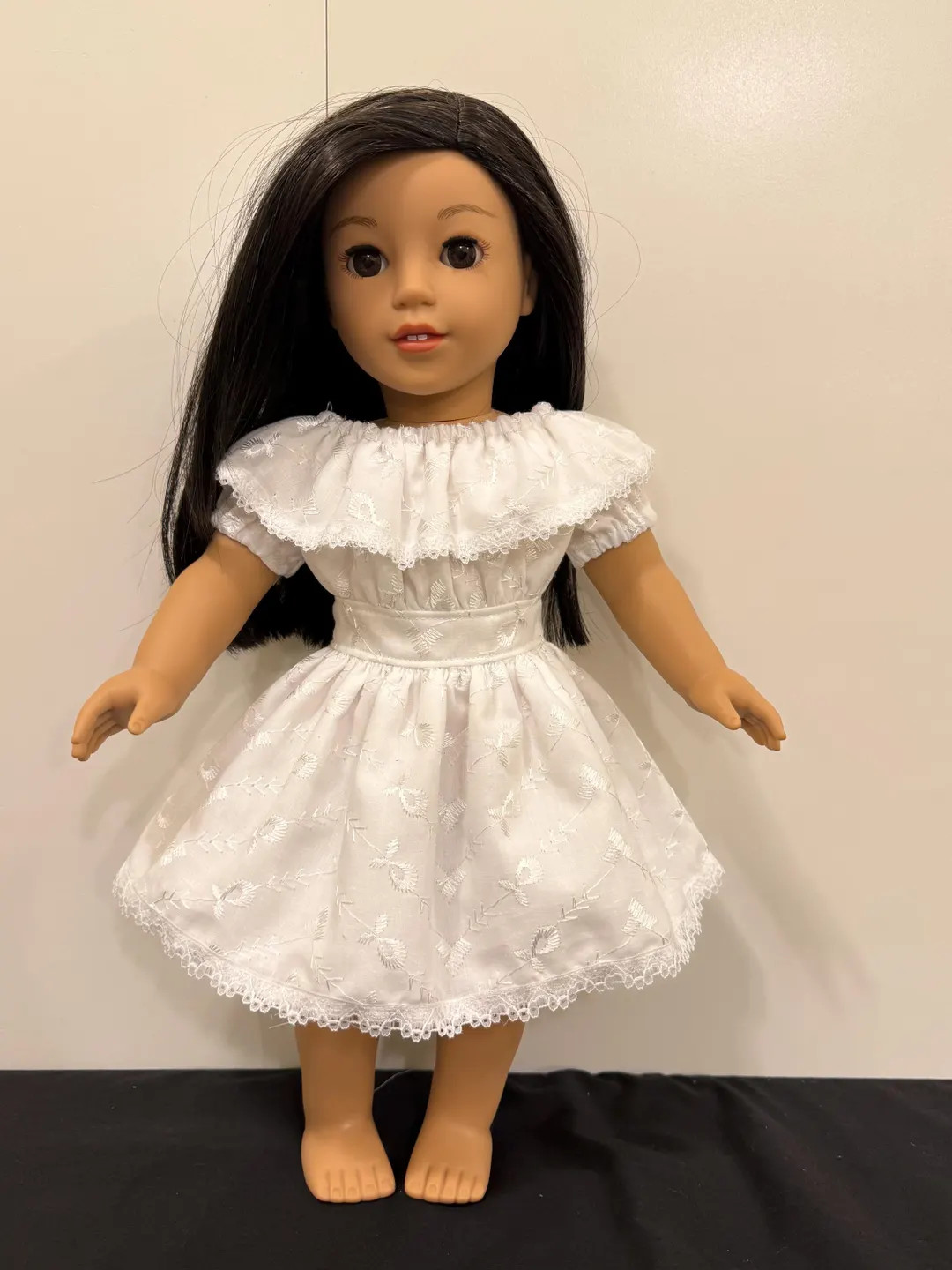 White embroidered knee length dress with ruffled top. Fits 18” girl dolls | Etsy (US)