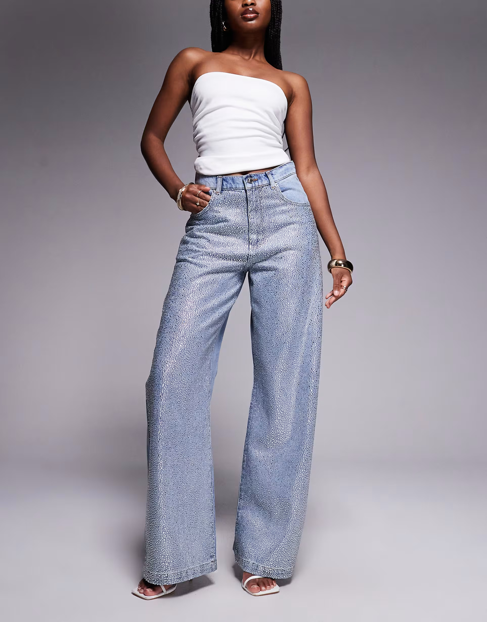 ASOS LUXE hotfix embellished wide leg jeans in light blue | ASOS (Global)