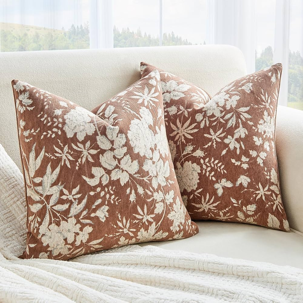 HOdo Home Chenille Floral Pillow Covers 18x18 Set of 2, Neutral Jacquard Boho Throw Pillow Covers... | Amazon (US)