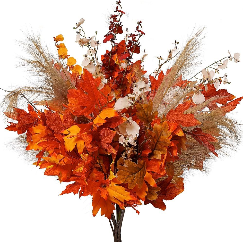 MISSPIN 9Pcs Fall Decor Artificial Flowers Orchid Maple Leaves Stems Set Fall Stems Faux Reed Map... | Amazon (US)
