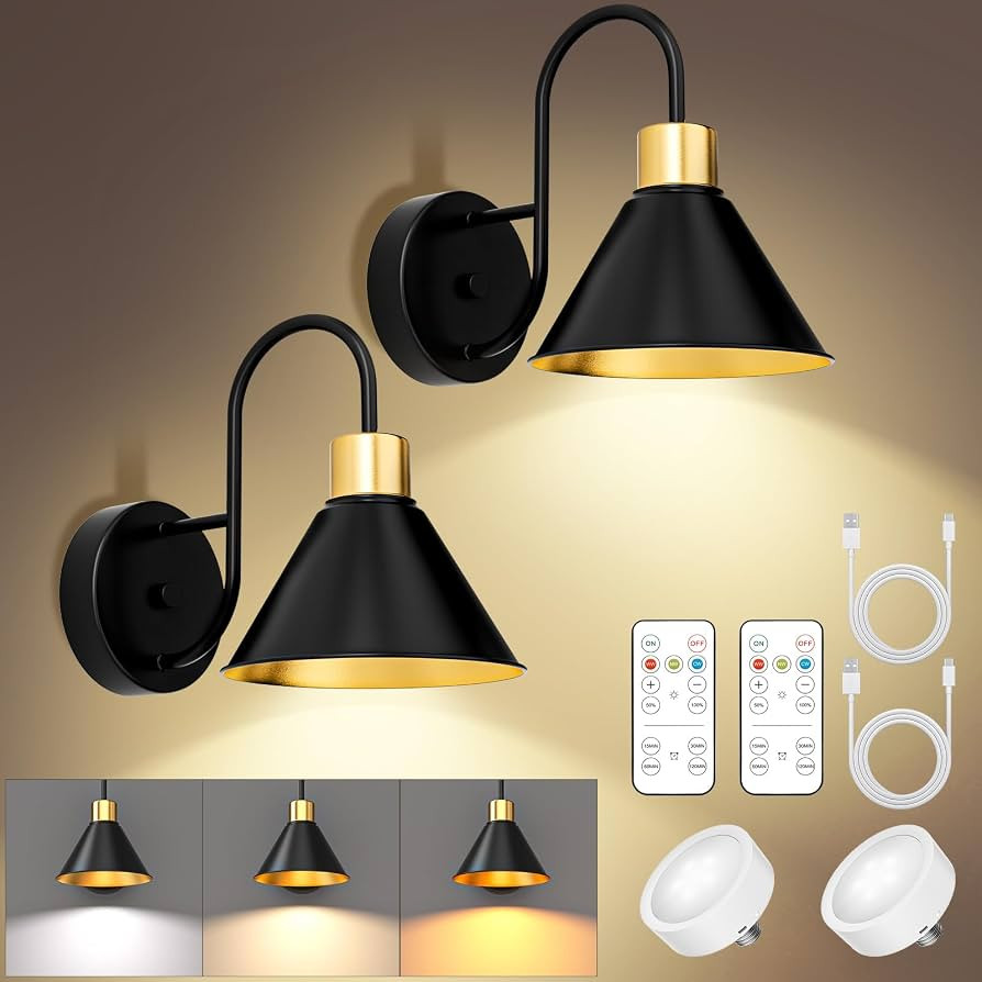 Frideko Black Rechargeable Wall Sconces Set of Two with Remote, 3 Color Dimmable Battery Operated... | Amazon (US)