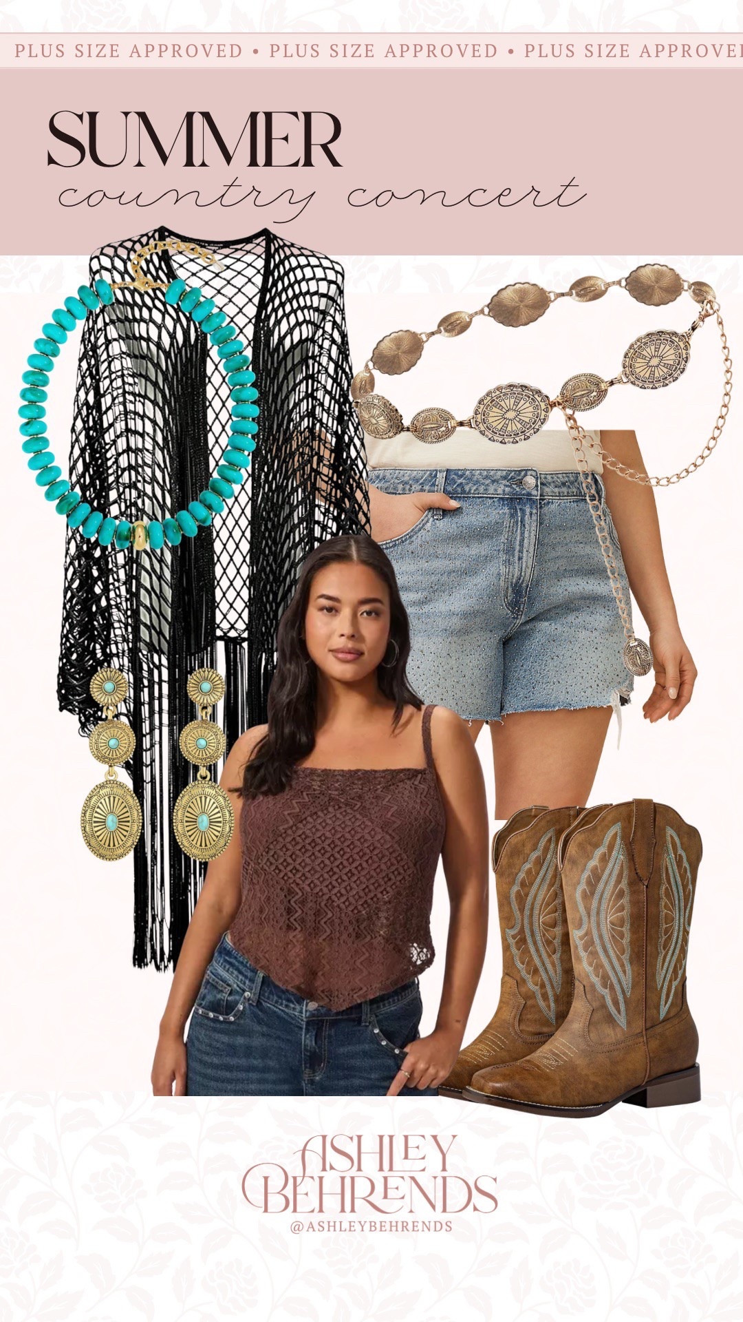 I’m ready for a country concert 🎵 🤠 with this adorable plus size friendly look. This brown handkerchief top and black fringe kimono looks so cute and these turquoise accessories complete the look. 
Country concert outfit inspo, denim shorts

#LTKPlusSize #LTKSeasonal #LTKSaleAlert