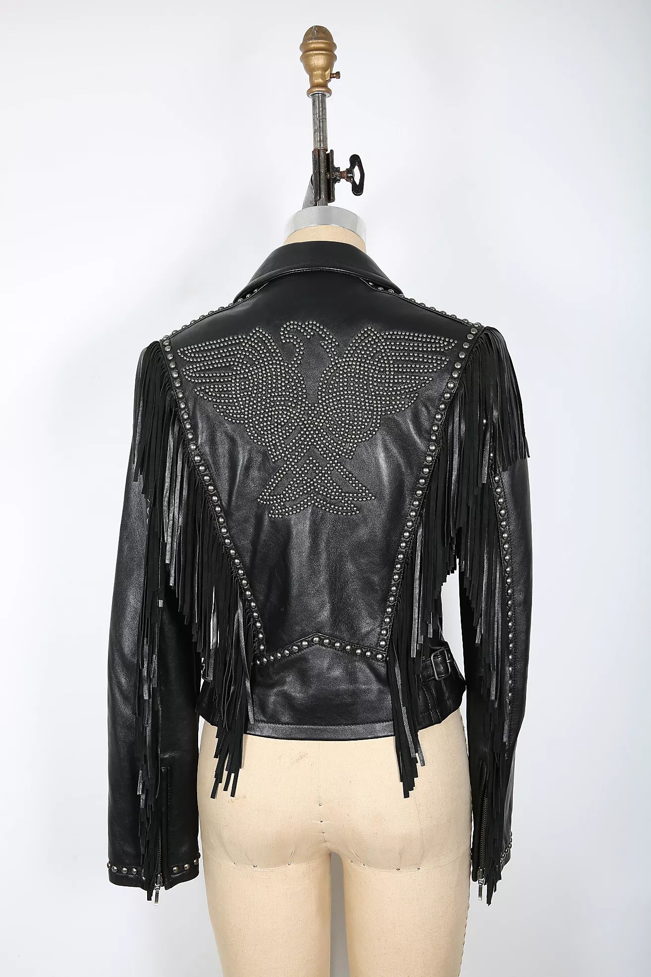 Black Motorcycle Fringe Jacket with Silver Studded Eagle Selected by Love Rocks Vintage | Free People (Global - UK&FR Excluded)