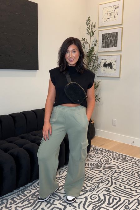 Casual but elevated mom outfit. The pants just came back on the site in grey. Hopeful they will come back in green too. Wearing a medium in the pants and top  

#LTKshoecrush #LTKstyletip #LTKsalealert