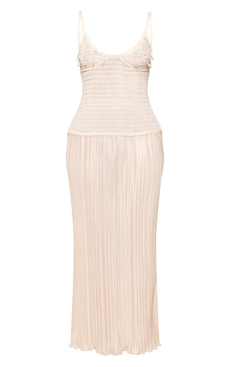 Petite Cream Trim Detail Plisse Hem Knitted Maxi Dress | PrettyLittleThing UK