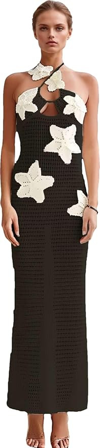 RanRui Women's Halter 3D Flower Knitted Hollow Out Beach Dress balckless Open Back Swimsuit Cover... | Amazon (US)