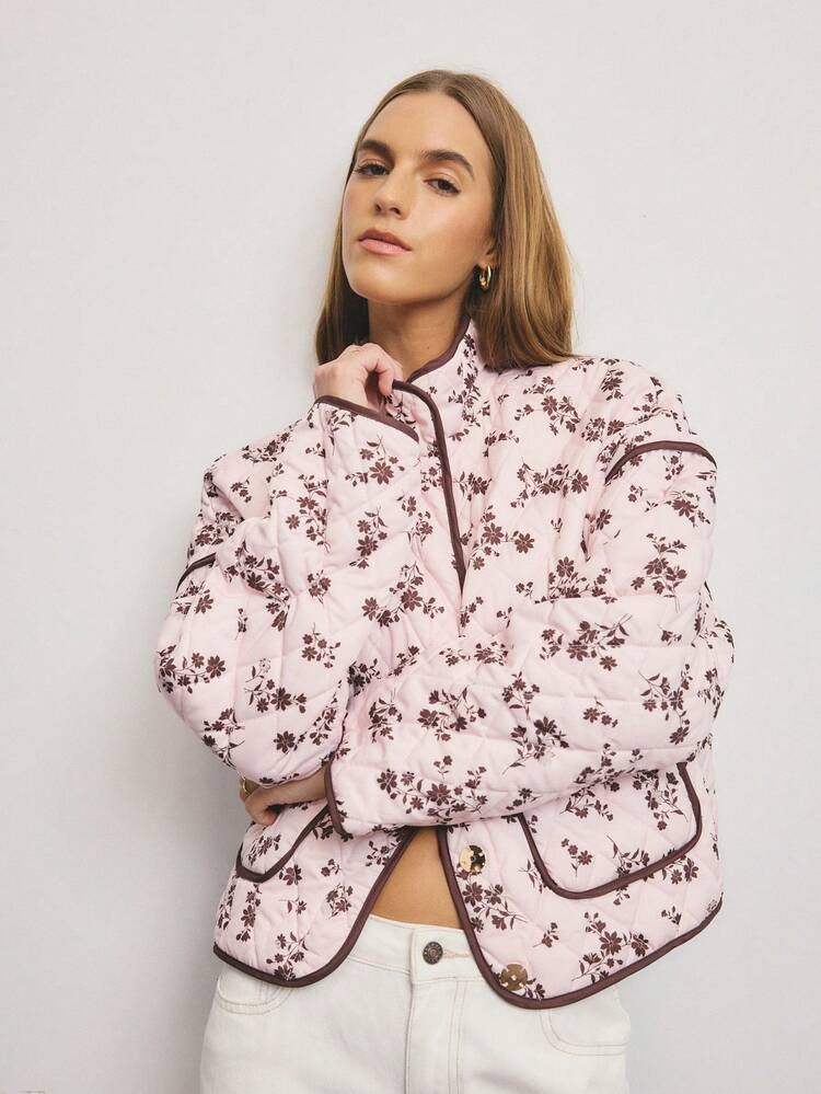 Aralina Women's Casual Fall/Winter Floral Padded Cropped Jacket With Large Front Pockets Perfect For Winter Outfits For Christmas Holidays And New Years And Thanksgiving Outfits | SHEIN