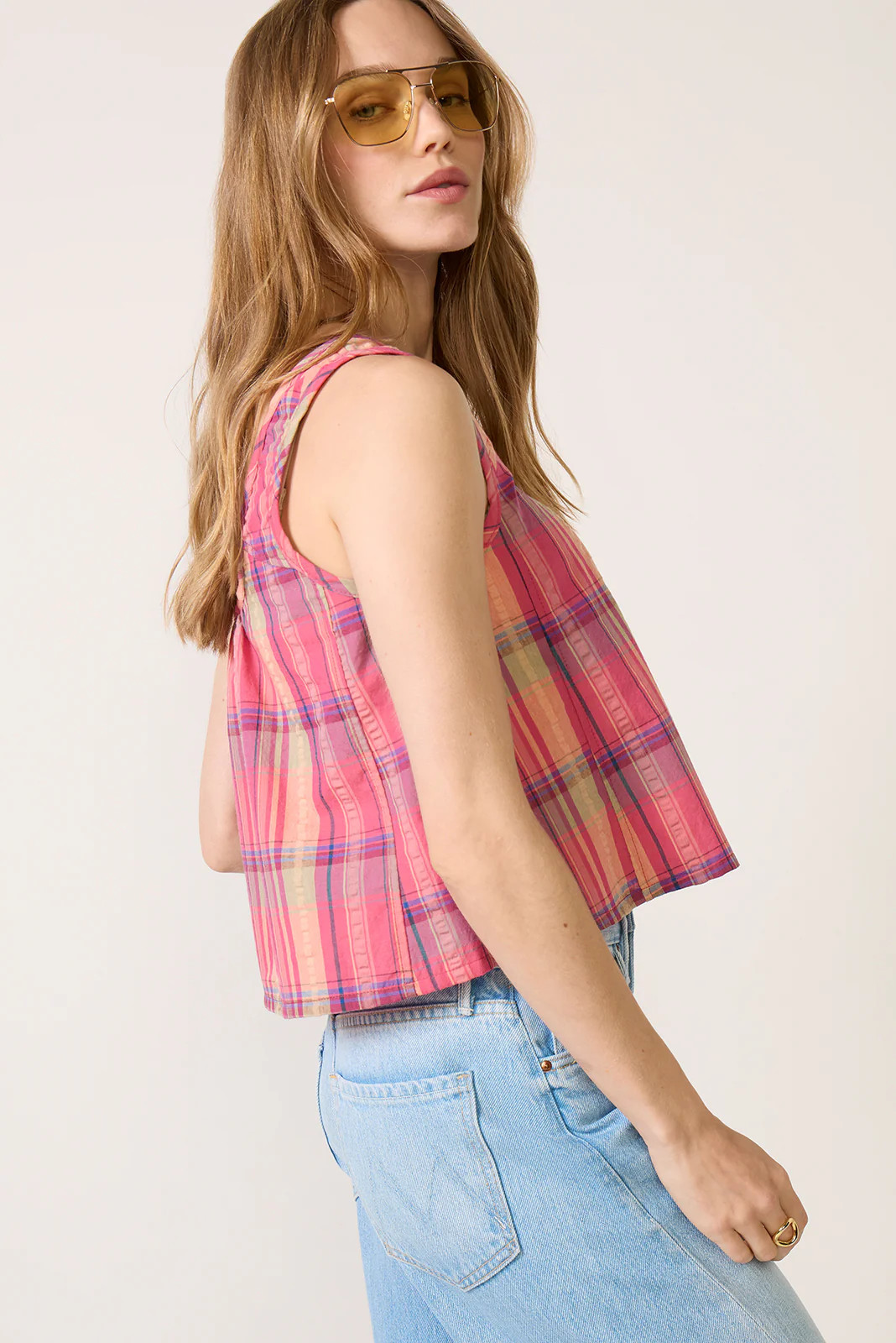 EVEREVE Women's Mora Plaid Swing Tank Top, Size Large, Coralplaid Pink | Evereve
