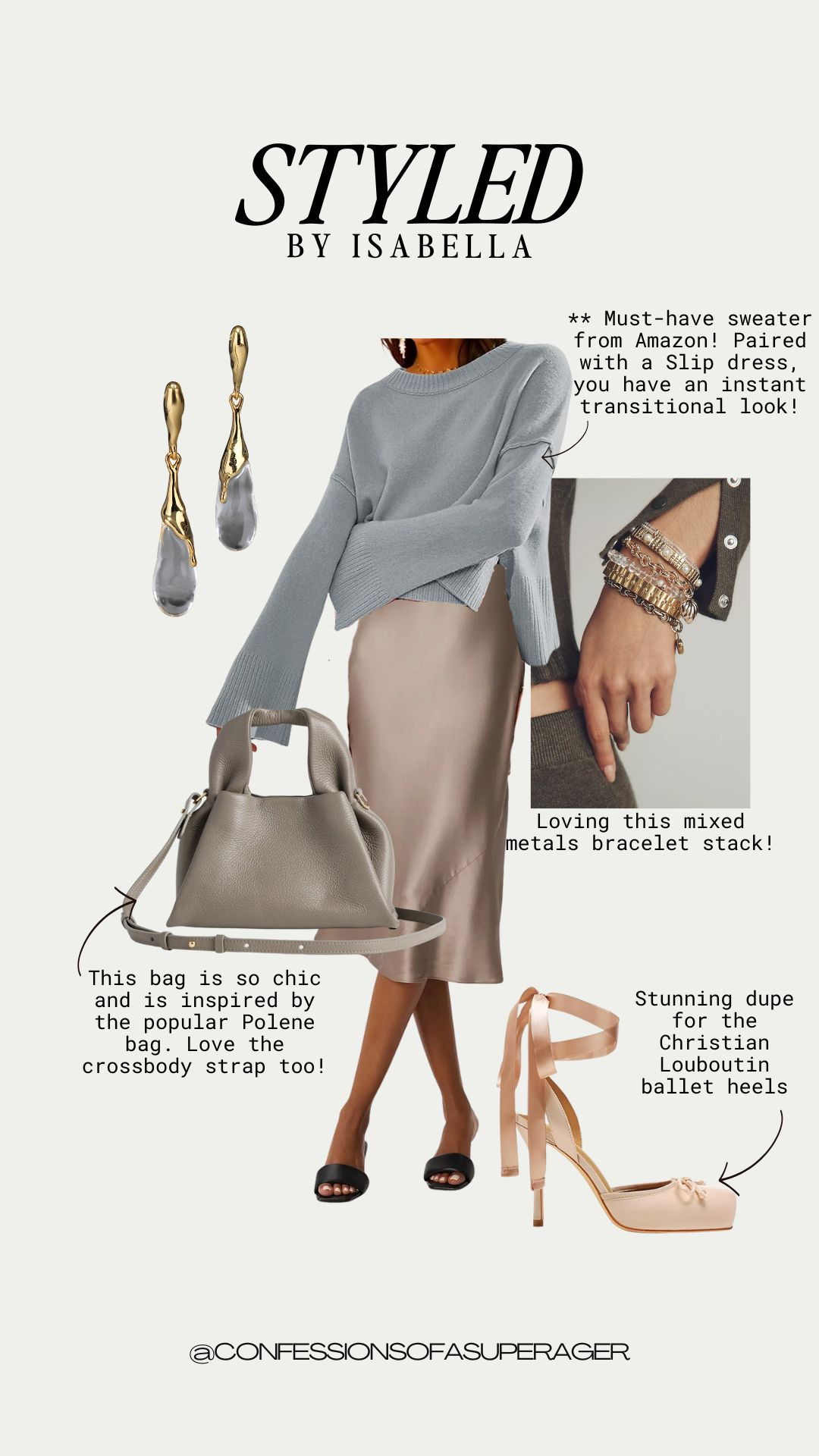 💫 Transitional outfit perfection 💫 Pairing an Amazon must-have sweater with a sleek slip dress is the easiest way to get that chic layered look for fall 🍂. Styled with a mixed metals bracelet stack, a designer-inspired Polène dupe bag (so chic with the crossbody strap!), and stunning ballet heels that are a spot-on Christian Louboutin dupe ✨


#falloutfitideas #amazonfashionfinds #ltkfallstyle #ltkfashion #slipdressoutfit #affordablefashion #ltkchic #confessionsofasuperager 

 

#LTKOver40 #LTKSaleAlert #LTKFindsUnder50