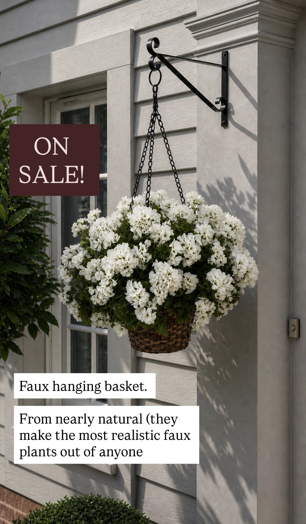 If you can’t keep plants alive, this is for you from nearly natural who makes the most realistic artificial flowers. This hanging basket is super cute and it’s on sale right now artificial hanging basket, porch and patio.