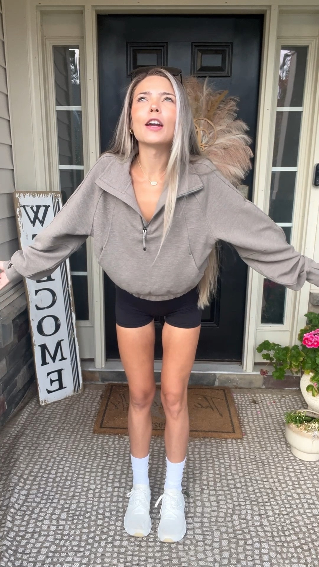 Fall OOTD 🍂 Cozy taupe Lululemon waffle- knit crew + Align shorts for that in-between weather. Styled with On Clouds, high-top Adidas socks, black Quay sunnies, and simple gold Kendra Scott jewelry. Easy, neutral, mom-on-the-go outfit I’ll be living in this season 🫡

#LTKStyleTip #LTKActive #LTKSeasonal