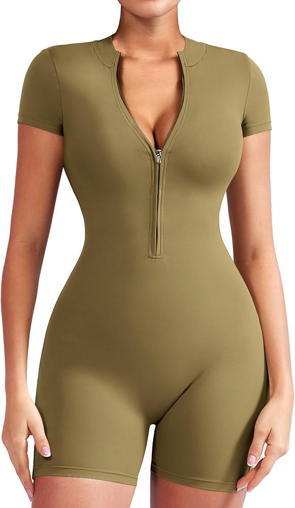 YEOREO Women Short Sleeve Workout Jumpsuit Zip Up Romper Bottom Shorts Bodysuit Bodycon Sexy One ... | Amazon (US)