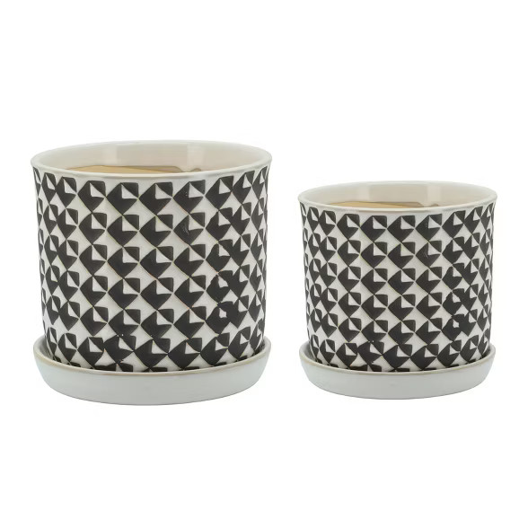 Sagebrook Home Set of 2 Houndstooth Ceramic Planters with Saucers Beige | Target