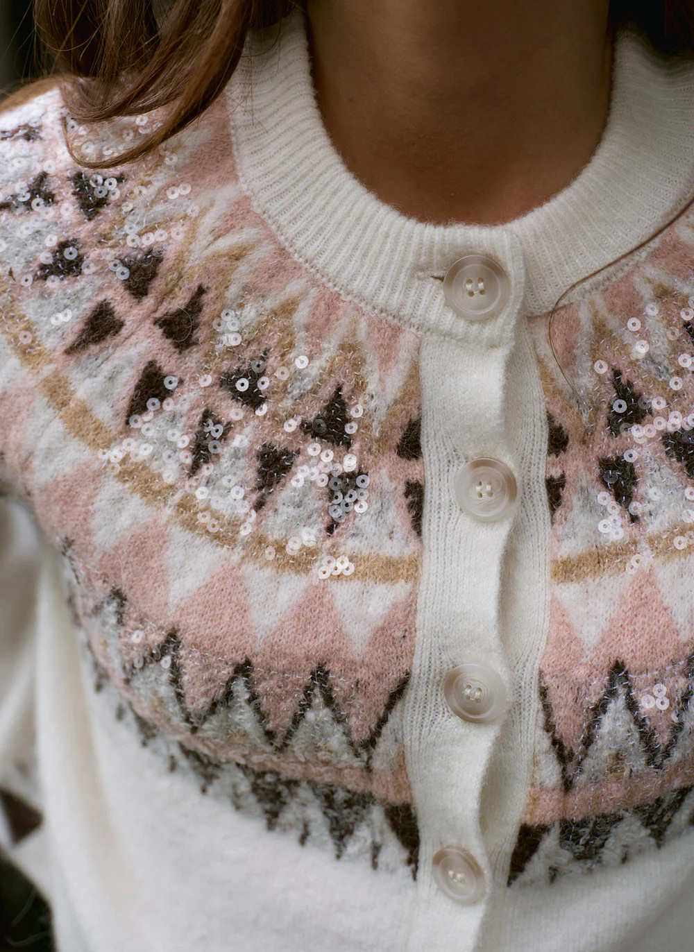 Cream Fair Isle Sequin Cardigan | Mint Velvet
