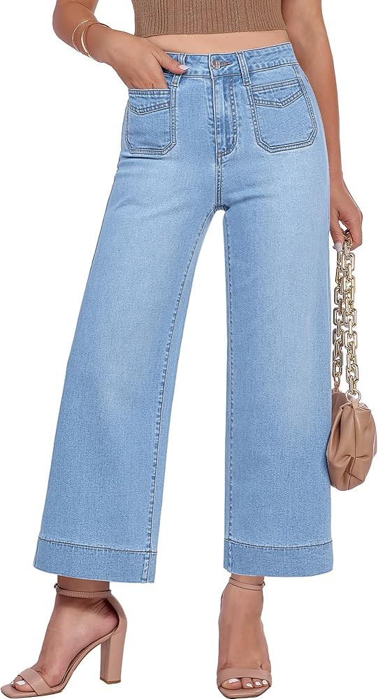GRAPENT Cropped Jeans for Women Trendy 2026 Wide Leg High Waisted Patch Pocket Stretchy Denim Pan... | Amazon (US)