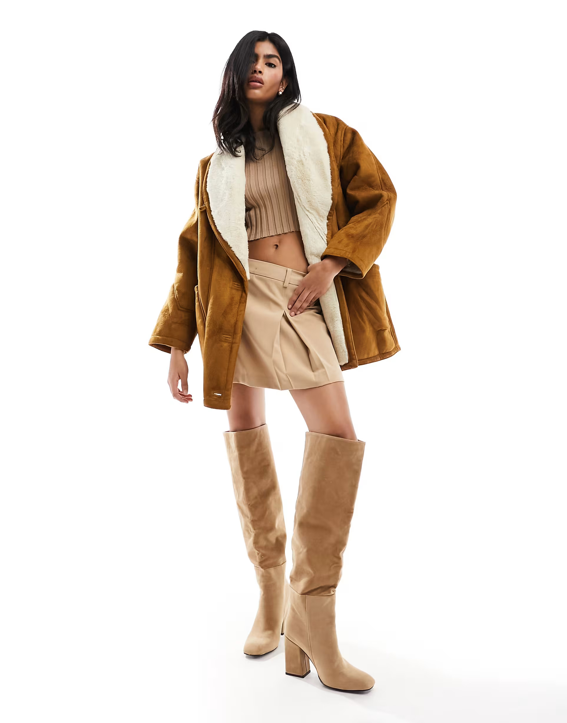 Pull&Bear faux suede shearling detail  coat in tobacco brown | ASOS (Global)